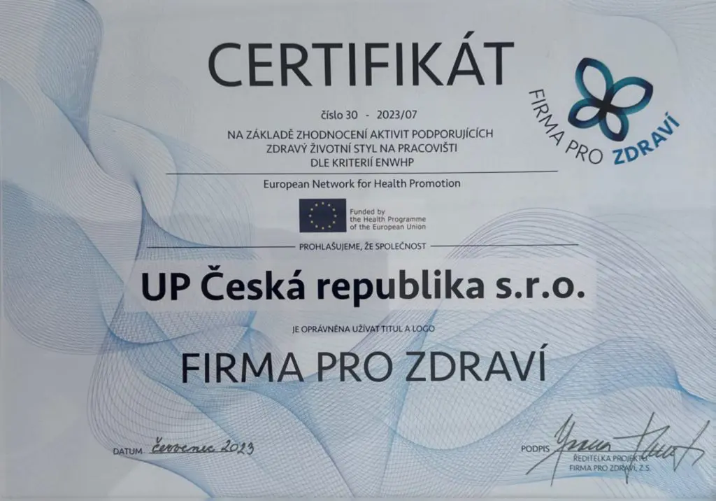 certifikát od Firma pro zdraví pro Up Česká republika