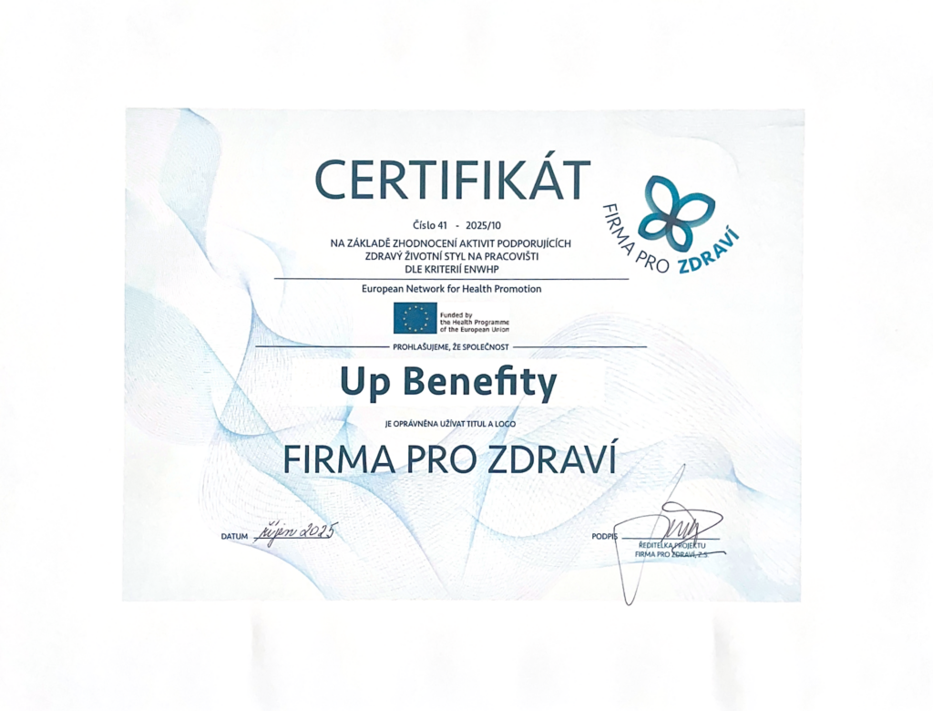 certifikát pro Up Benefity od organizace Firma pro zdraví