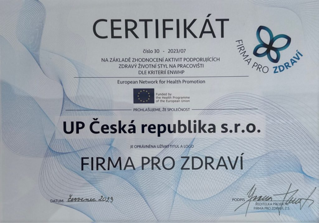 certifikát od Firma pro zdraví pro Up Česká republika